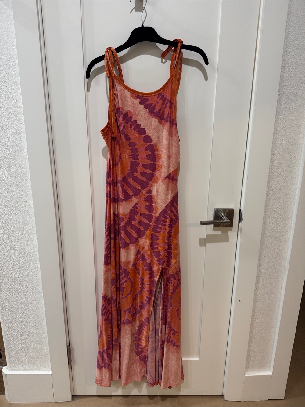 Free People Tie-Dye Maxi Slip Dress with Shoulder Ties - Pink & Orange